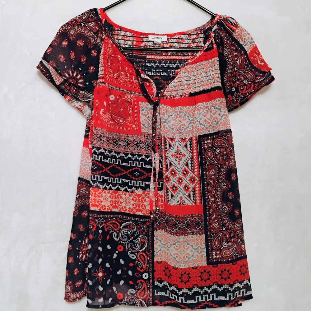 Westport Patchwork Sheer Blouse Built in Tank Top Cap Sleeves Womens Size Small